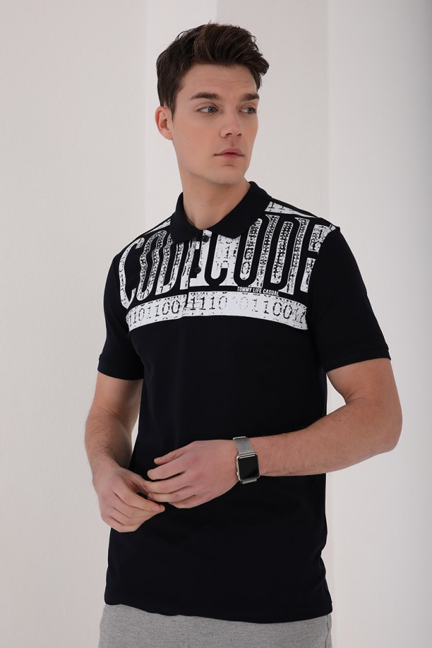 Lacivert Eskitme Yazı Baskılı Standart Kalıp Polo Yaka Erkek T-Shirt - 87929