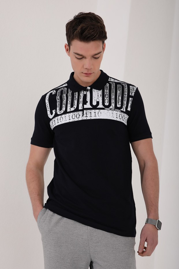 Lacivert Eskitme Yazı Baskılı Standart Kalıp Polo Yaka Erkek T-Shirt - 87929