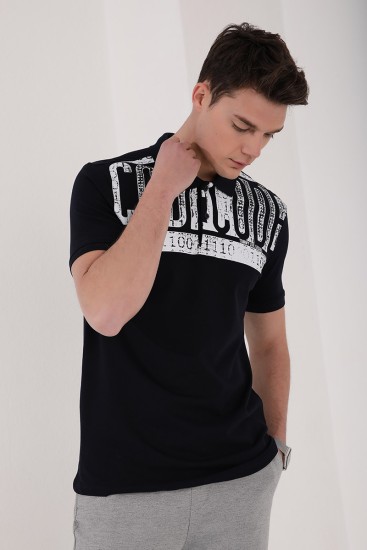 Lacivert Eskitme Yazı Baskılı Standart Kalıp Polo Yaka Erkek T-Shirt - 87929 - Thumbnail
