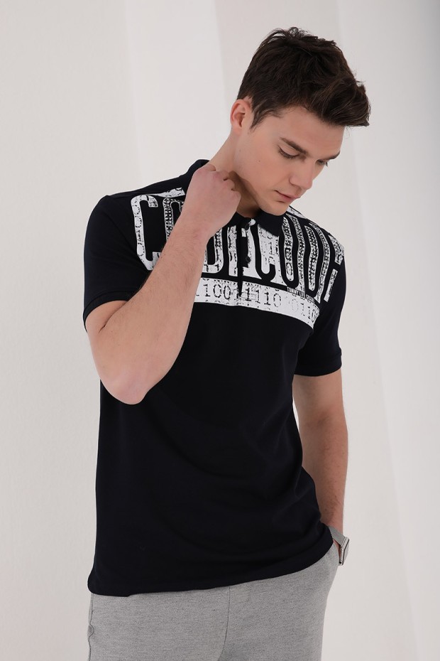 Lacivert Eskitme Yazı Baskılı Standart Kalıp Polo Yaka Erkek T-Shirt - 87929