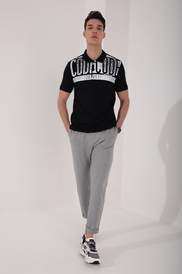 Lacivert Eskitme Yazı Baskılı Standart Kalıp Polo Yaka Erkek T-Shirt - 87929