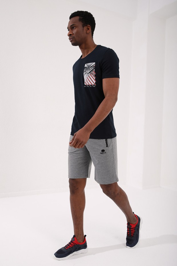 Lacivert Göğüs Baskılı Koordinat Detaylı Standart Kalıp O Yaka Erkek T-Shirt - 87894
