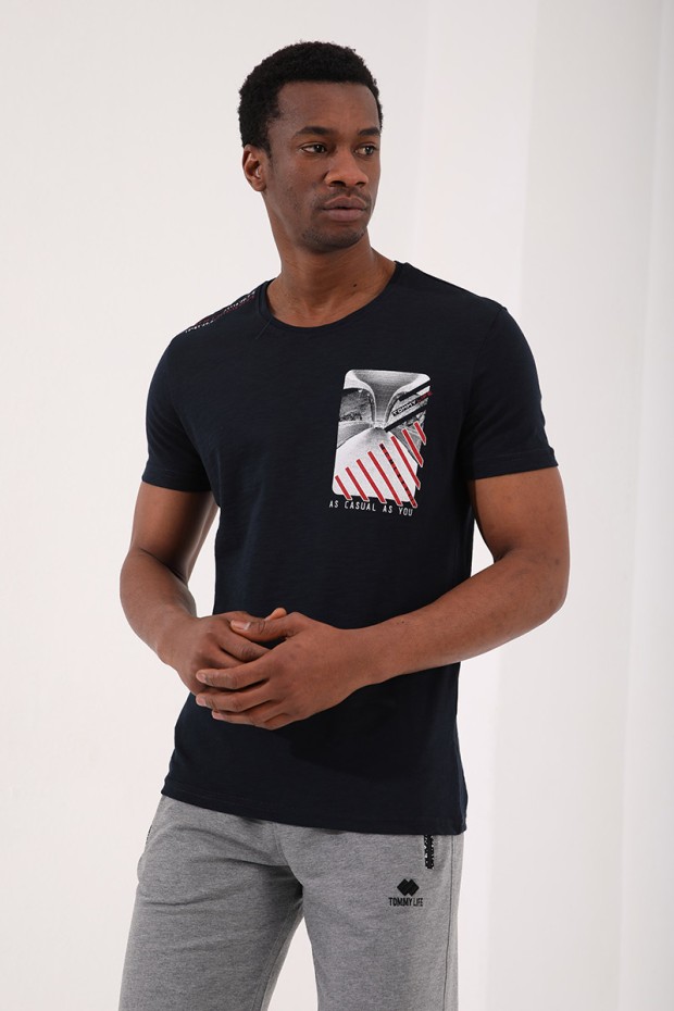 Lacivert Göğüs Baskılı Koordinat Detaylı Standart Kalıp O Yaka Erkek T-Shirt - 87894
