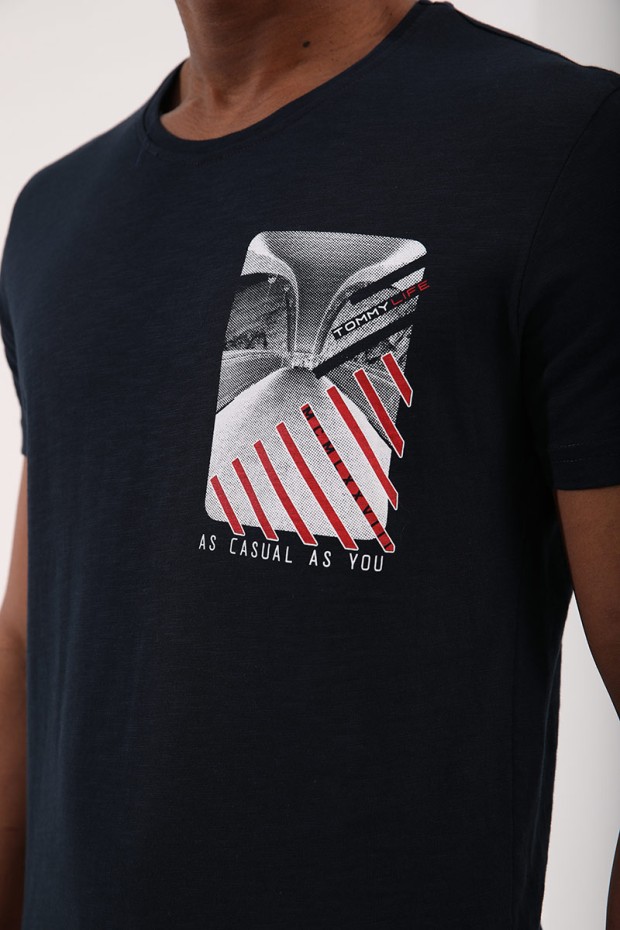 Lacivert Göğüs Baskılı Koordinat Detaylı Standart Kalıp O Yaka Erkek T-Shirt - 87894