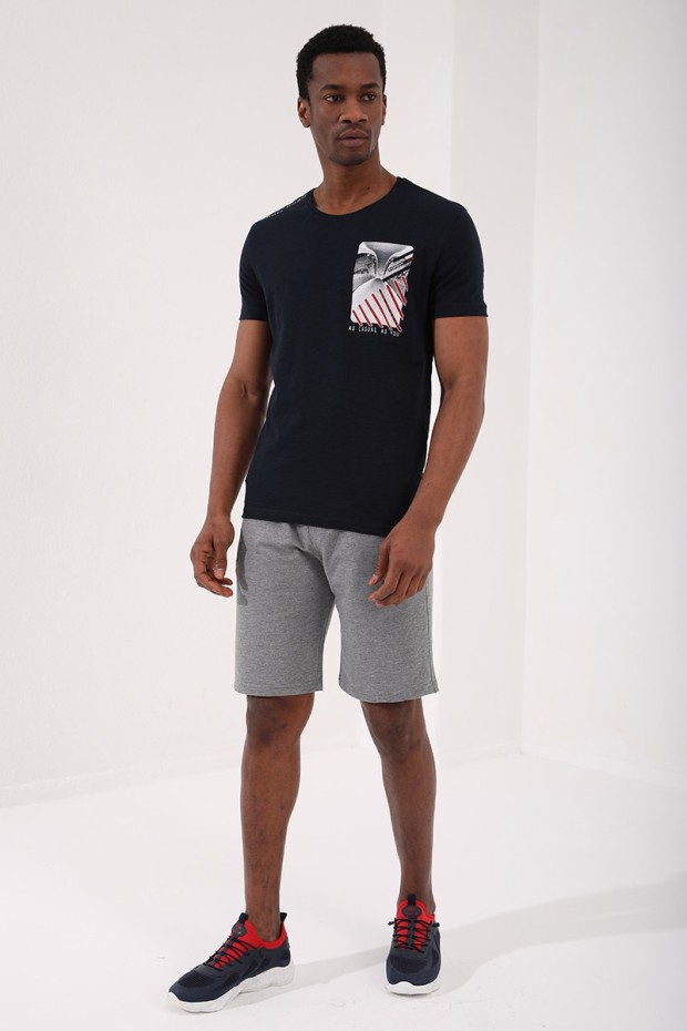 Lacivert Göğüs Baskılı Koordinat Detaylı Standart Kalıp O Yaka Erkek T-Shirt - 87894