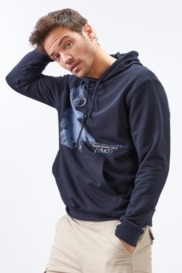 Lacivert Kuzgun Baskılı Kapüşonlu Kanguru Cepli Rahat Form Erkek Sweatshirt - 88014 