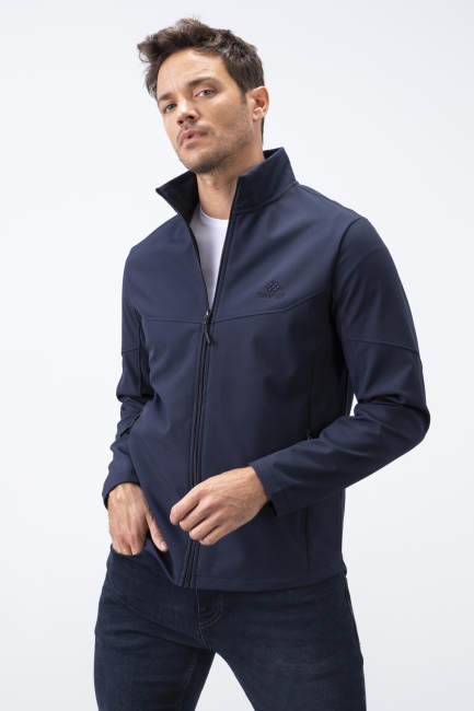 Lacivert Fermuarlı Dik Yaka Su ve Rüzgar Geçirmez Softshell Erkek Mont - 88050 - TOMMYLIFE