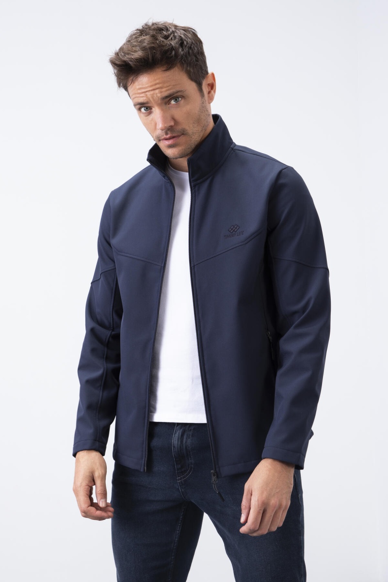 Lacivert Fermuarlı Dik Yaka Su ve Rüzgar Geçirmez Softshell Erkek Mont - 88050 - 3