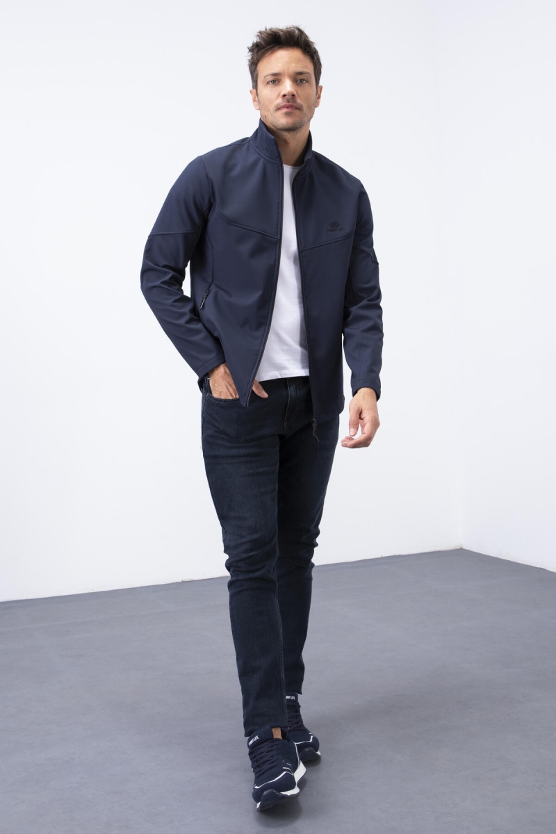 Lacivert Fermuarlı Dik Yaka Su ve Rüzgar Geçirmez Softshell Erkek Mont - 88050 - 4