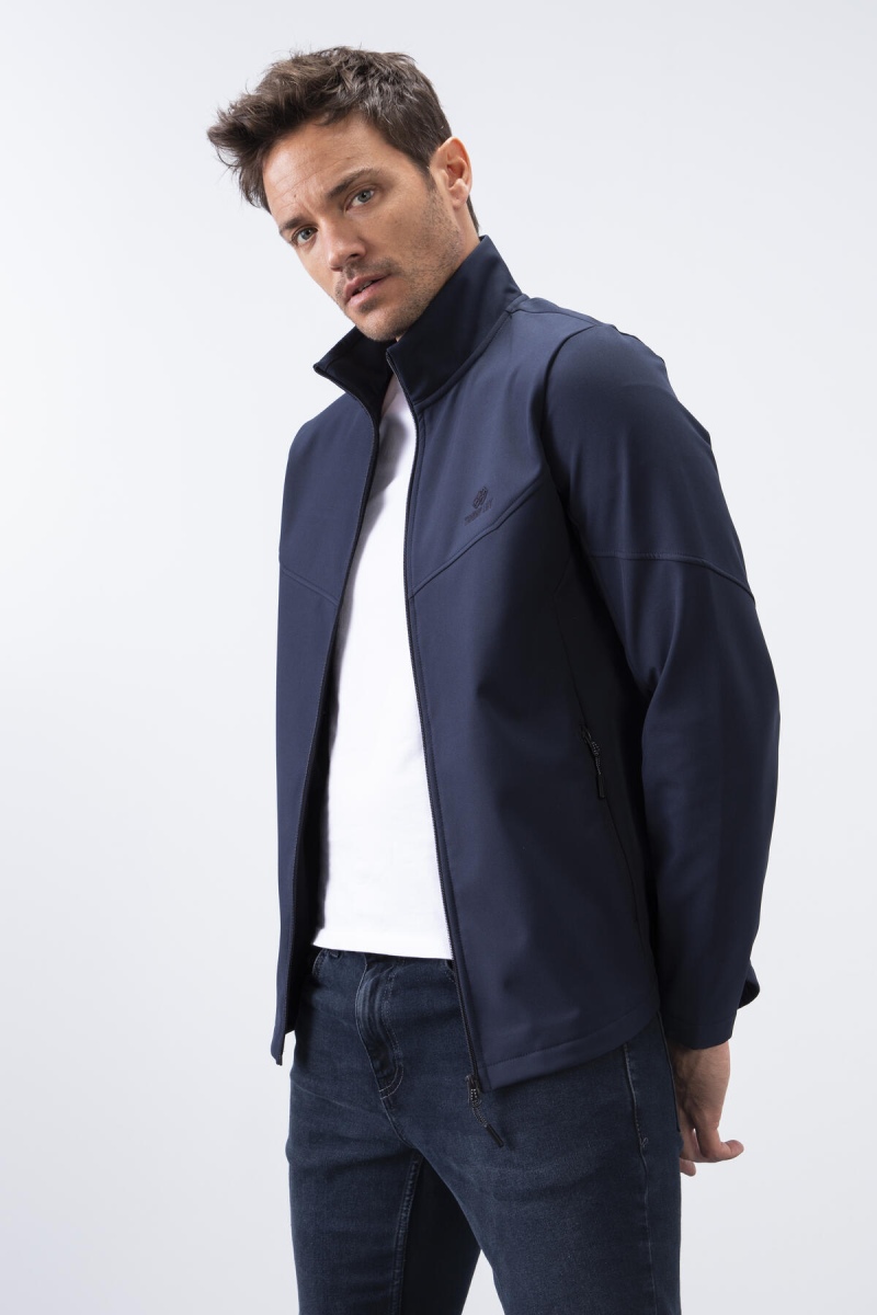 Lacivert Fermuarlı Dik Yaka Su ve Rüzgar Geçirmez Softshell Erkek Mont - 88050 - 5