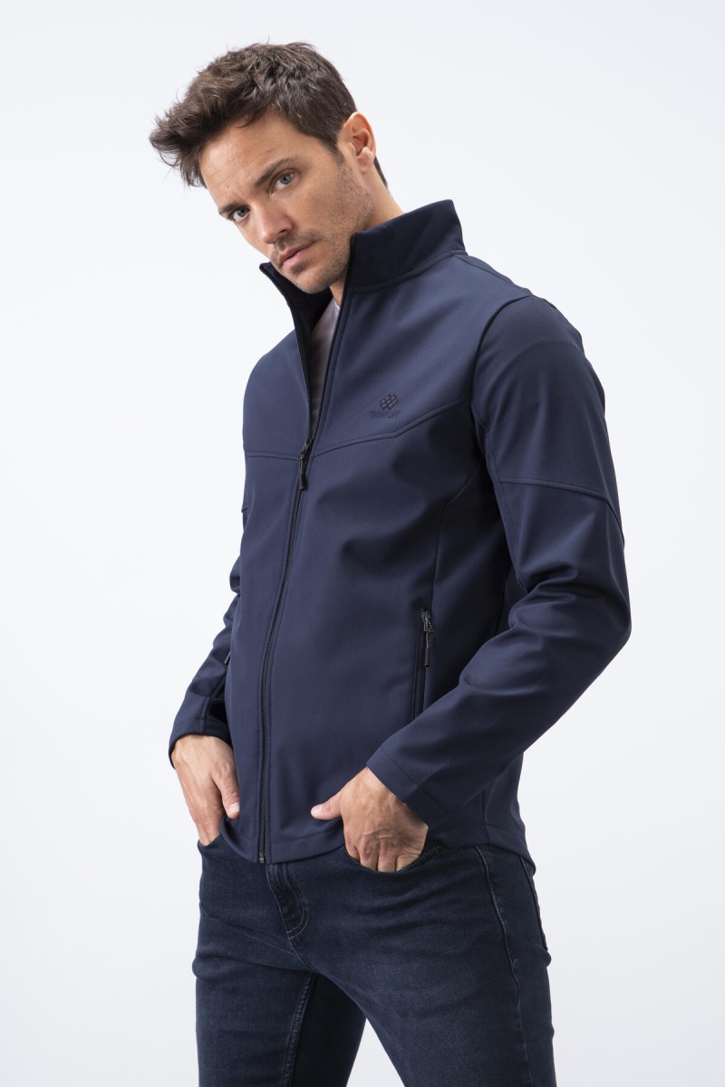 Lacivert Fermuarlı Dik Yaka Su ve Rüzgar Geçirmez Softshell Erkek Mont - 88050 - 6