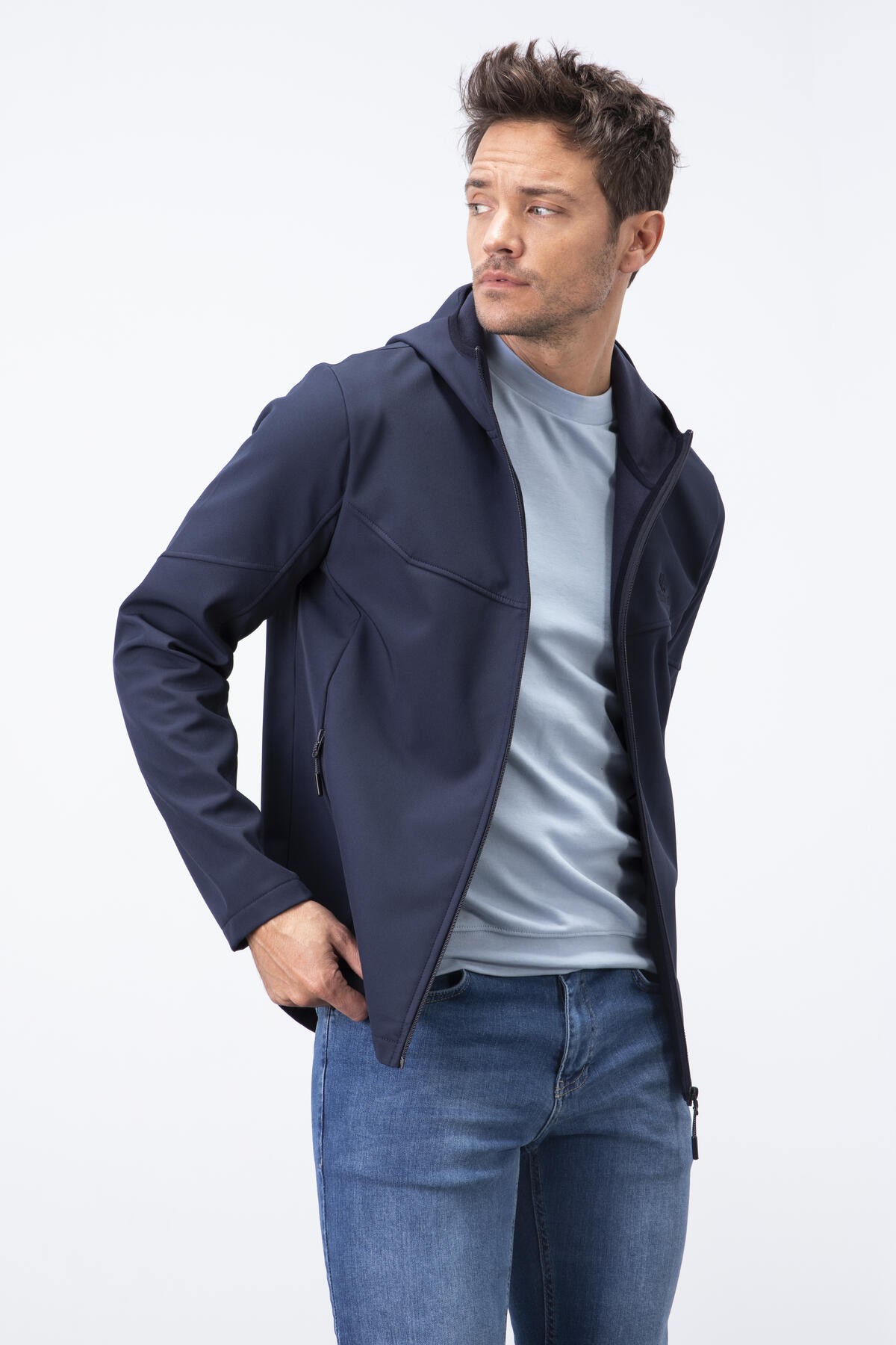 Lacivert Fermuarlı Kapüşonlu Su ve Rüzgar Geçirmez Softshell Erkek Mont - 88051 - TOMMYLIFE