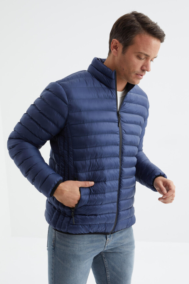 Lacivert Fermuarlı Standart Kalıp Soğuğa Dayanıklı Erkek Şişme Mont - 88166 - 3