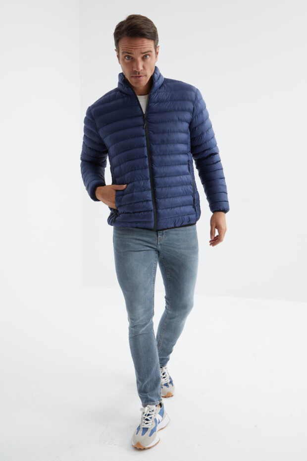 Lacivert Fermuarlı Standart Kalıp Soğuğa Dayanıklı Erkek Şişme Mont - 88166 - 6