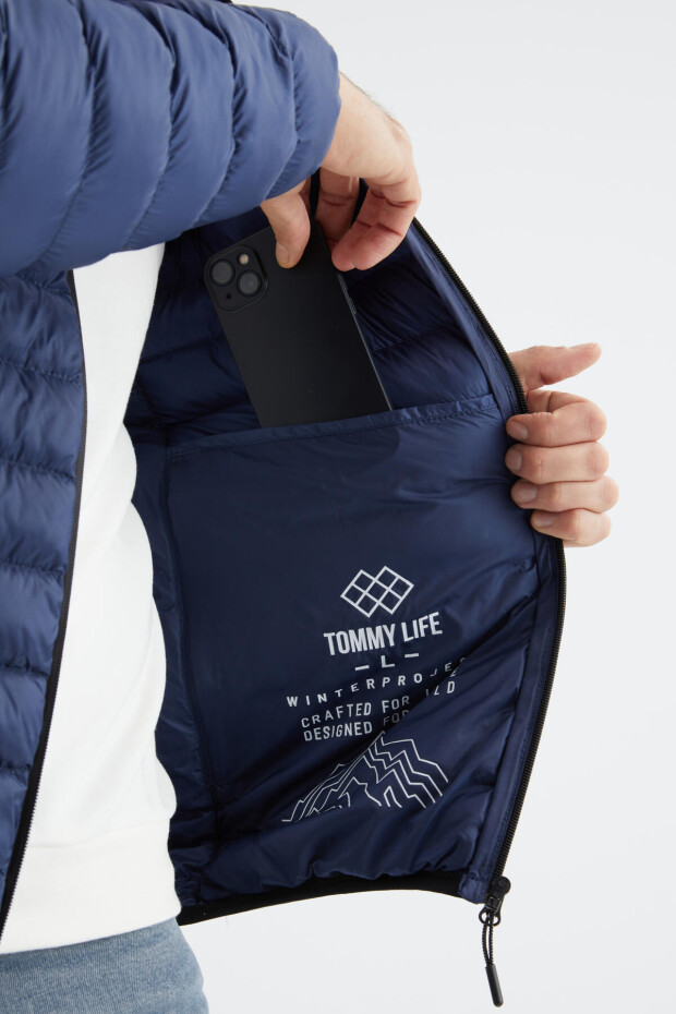 Lacivert Fermuarlı Standart Kalıp Soğuğa Dayanıklı Erkek Şişme Mont - 88166 - 7