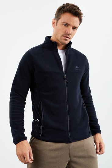 Lacivert Fermuarlı Sweatshirt Slim Fit Dik Yaka Erkek Polar - 87270 
