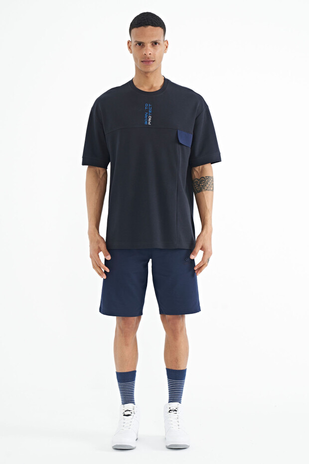 Lacivert Gizli Cep Detaylı Baskılı Oversize Erkek T-shirt - 88244