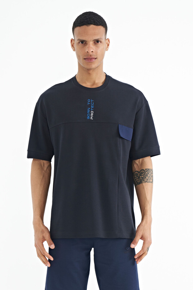 Lacivert Gizli Cep Detaylı Baskılı Oversize Erkek T-shirt - 88244