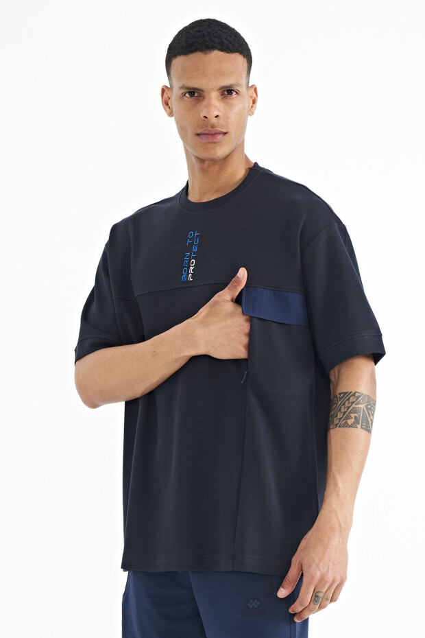 Lacivert Gizli Cep Detaylı Baskılı Oversize Erkek T-shirt - 88244