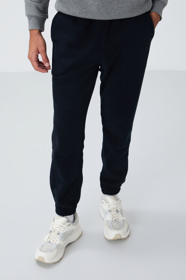 Lacivert Gizli Fermuarlı Rahat Form Lastik Paça Polar Erkek Eşofman Alt - 84866 - 1