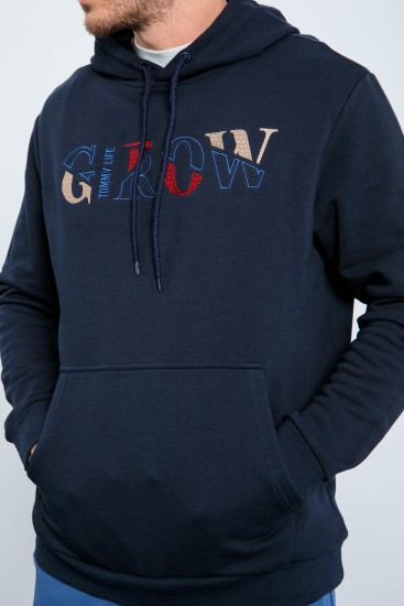 Grow Lacivert Yazı Nakışlı Kapüşonlu Rahat Form Erkek Sweatshirt - 88040 - Thumbnail
