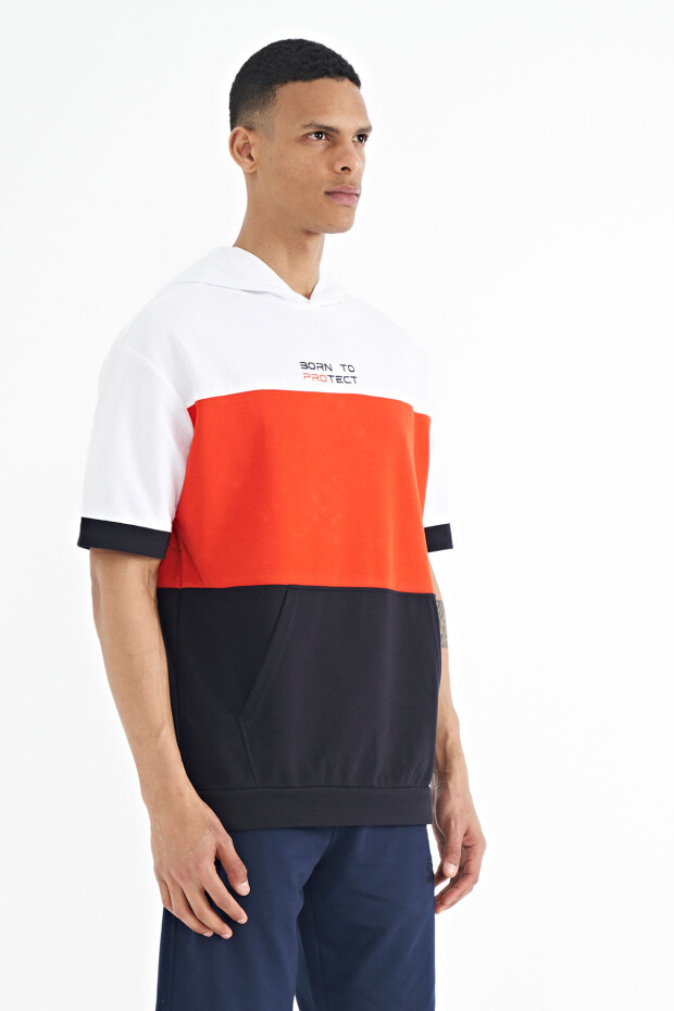 Lacivert Kapüşonlu Baskı Detaylı Oversize Erkek T-shirt - 88191