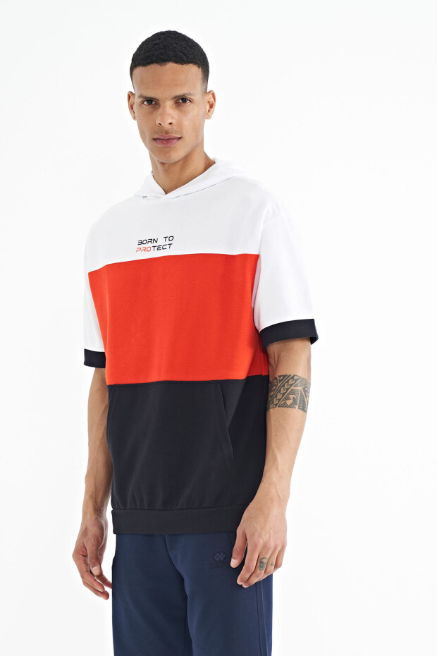 Lacivert Kapüşonlu Baskı Detaylı Oversize Erkek T-shirt - 88191