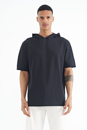 Lacivert Kapüşonlu Kol Etiket Detaylı Oversize Erkek T-shirt - 88179 