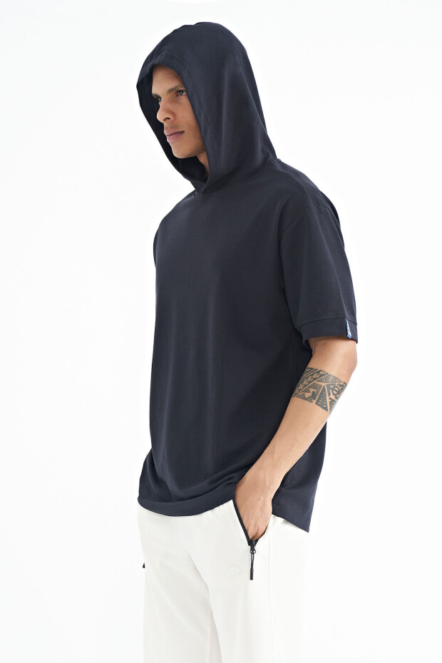 Lacivert Kapüşonlu Kol Etiket Detaylı Oversize Erkek T-shirt - 88179