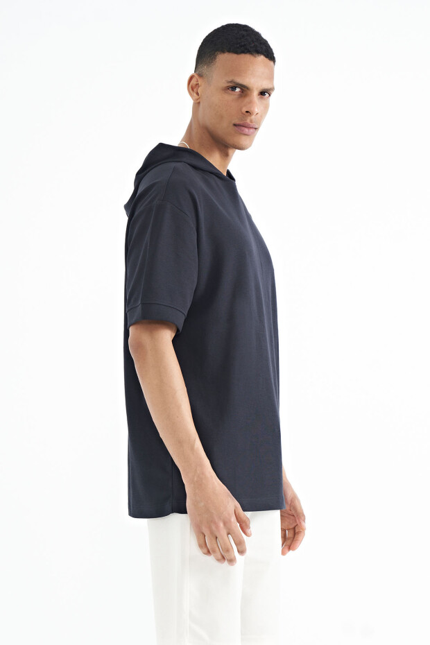 Lacivert Kapüşonlu Kol Etiket Detaylı Oversize Erkek T-shirt - 88179 - 4