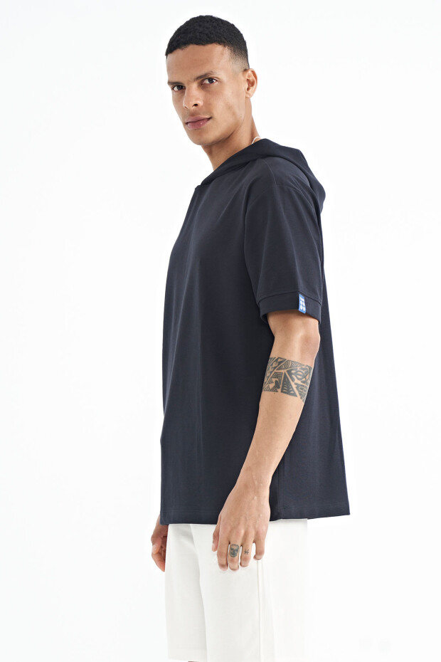 Lacivert Kapüşonlu Kol Etiket Detaylı Oversize Erkek T-shirt - 88179 - 5