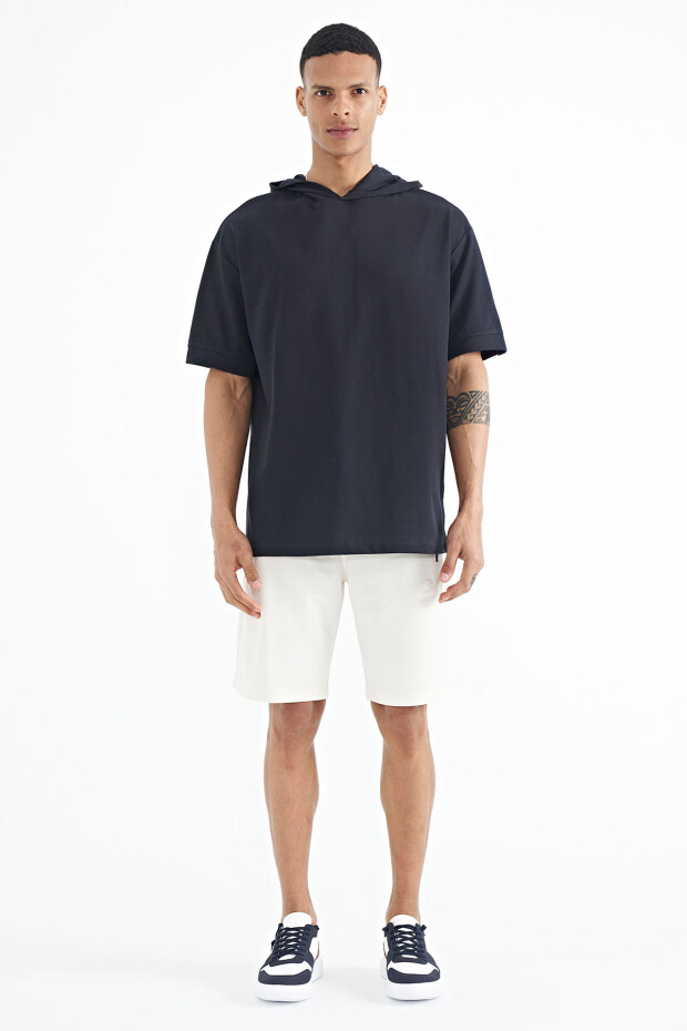 Lacivert Kapüşonlu Kol Etiket Detaylı Oversize Erkek T-shirt - 88179