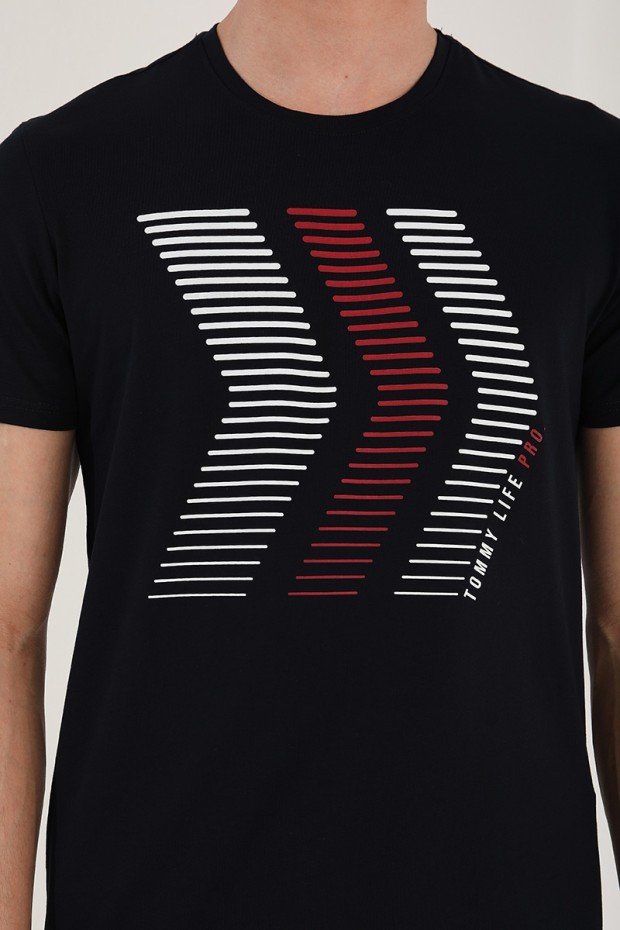 Lacivert Karışık Harf Rakam Baskılı Rahat Form O Yaka Erkek T-Shirt - 87960