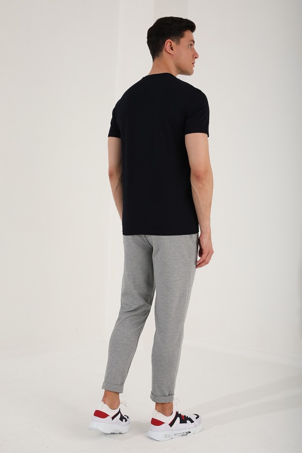 Lacivert Karışık Harf Rakam Baskılı Rahat Form O Yaka Erkek T-Shirt - 87960