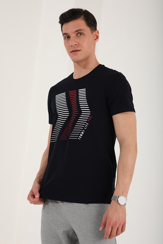 Lacivert Karışık Harf Rakam Baskılı Rahat Form O Yaka Erkek T-Shirt - 87960