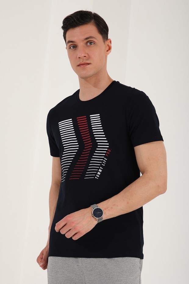 Lacivert Karışık Harf Rakam Baskılı Rahat Form O Yaka Erkek T-Shirt - 87960