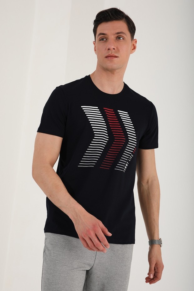 Lacivert Karışık Harf Rakam Baskılı Rahat Form O Yaka Erkek T-Shirt - 87960