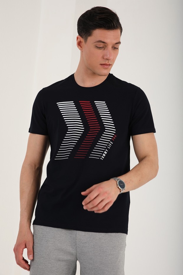 Lacivert Karışık Harf Rakam Baskılı Rahat Form O Yaka Erkek T-Shirt - 87960