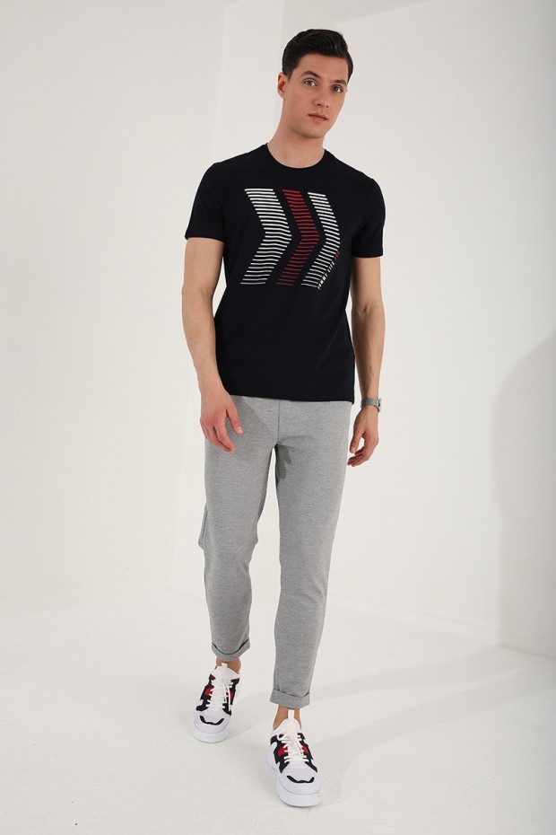 Lacivert Karışık Harf Rakam Baskılı Rahat Form O Yaka Erkek T-Shirt - 87960