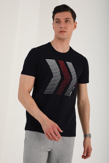 Lacivert Karışık Harf Rakam Baskılı Rahat Form O Yaka Erkek T-Shirt - 87960 - Thumbnail