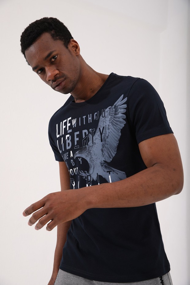 Lacivert Kartal Baskılı Standart Kalıp O Yaka Erkek T-Shirt - 87932