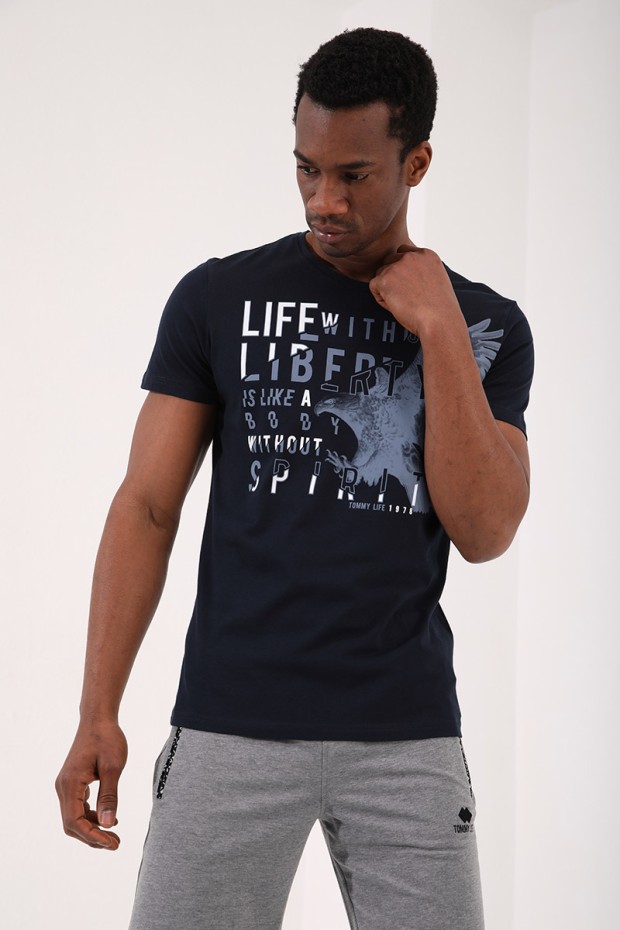 Lacivert Kartal Baskılı Standart Kalıp O Yaka Erkek T-Shirt - 87932