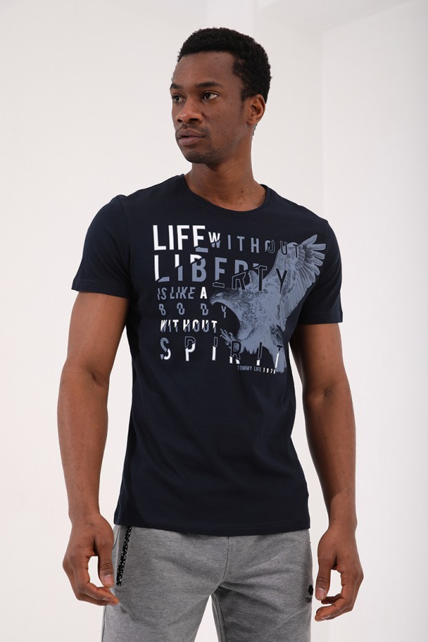 Lacivert Kartal Baskılı Standart Kalıp O Yaka Erkek T-Shirt - 87932