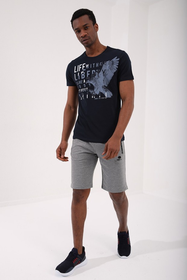 Lacivert Kartal Baskılı Standart Kalıp O Yaka Erkek T-Shirt - 87932