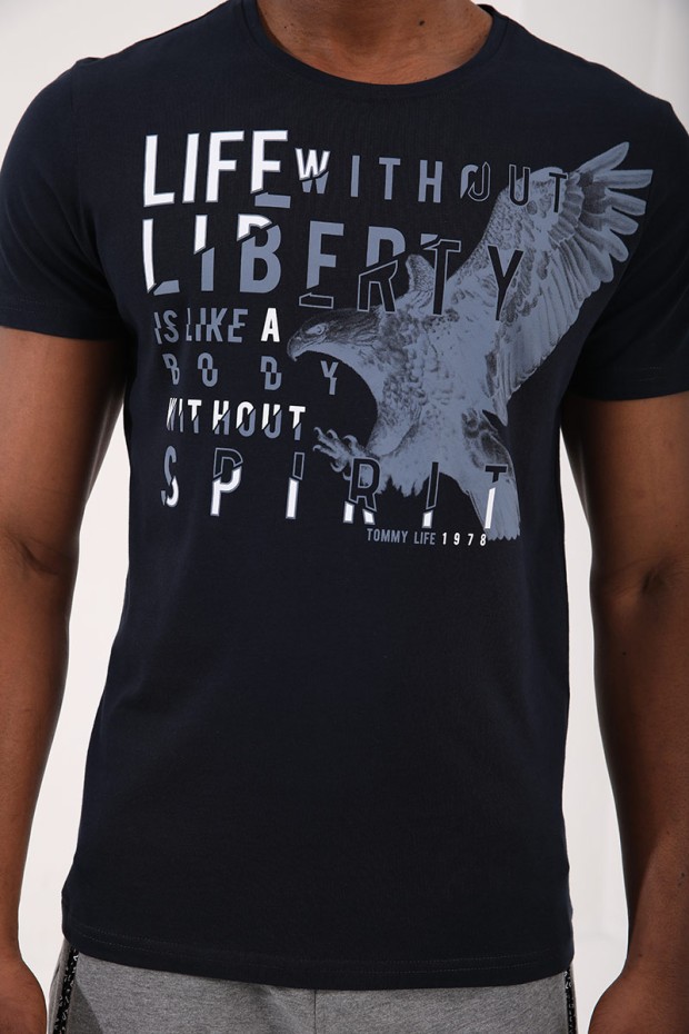 Lacivert Kartal Baskılı Standart Kalıp O Yaka Erkek T-Shirt - 87932
