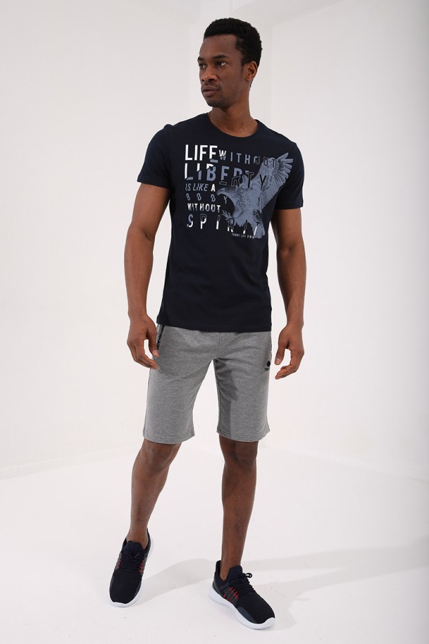 Lacivert Kartal Baskılı Standart Kalıp O Yaka Erkek T-Shirt - 87932