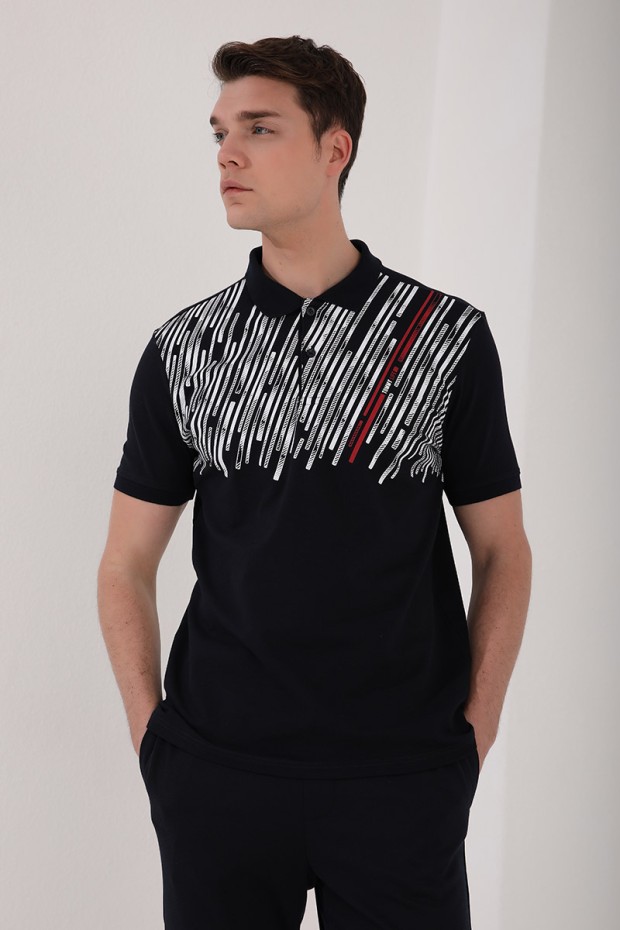 Lacivert Kesik Çubuk Baskılı Standart Kalıp Polo Yaka Erkek T-Shirt - 87963