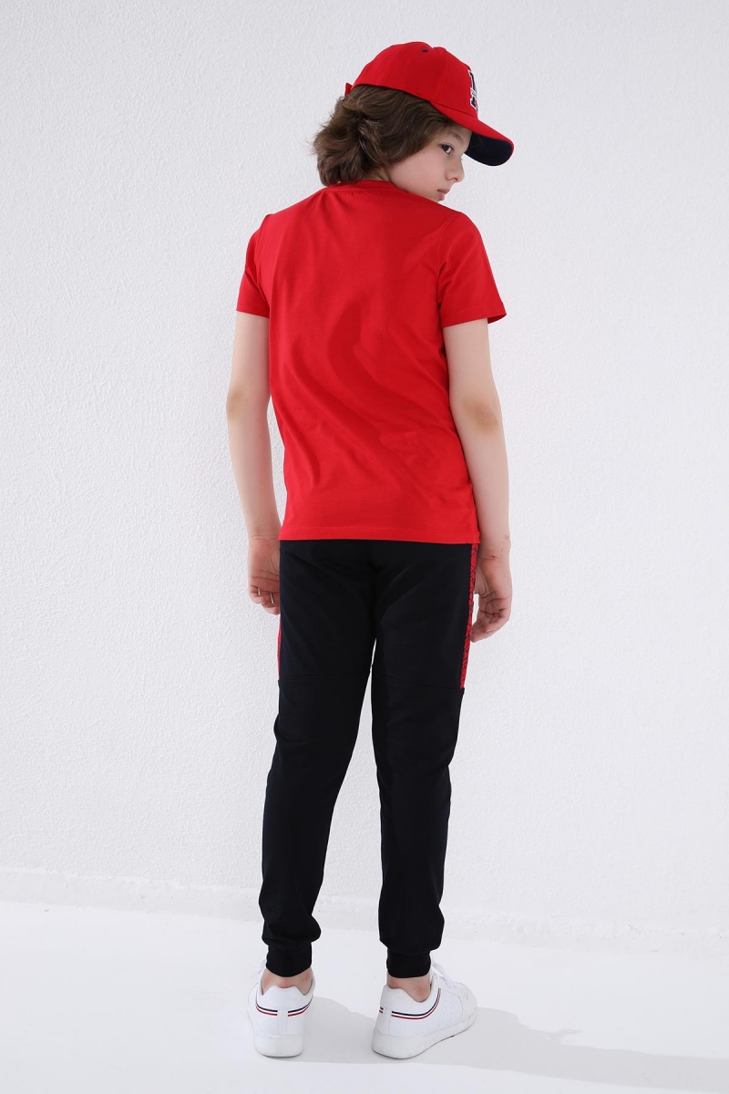 Lacivert - Kırmızı Erkek Çocuk Karışık Desen Şeritli Jogger Dar Kalıp Manşetli Eşofman Alt - 64051