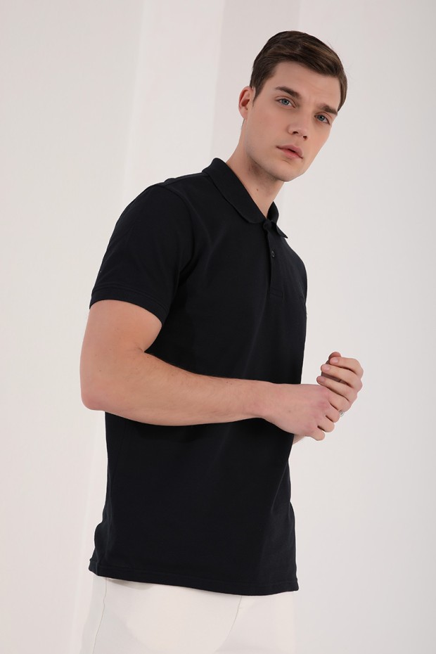 Lacivert Klasik Black Yazı Nakışlı Standart Kalıp Polo Yaka Erkek T-Shirt - 87760