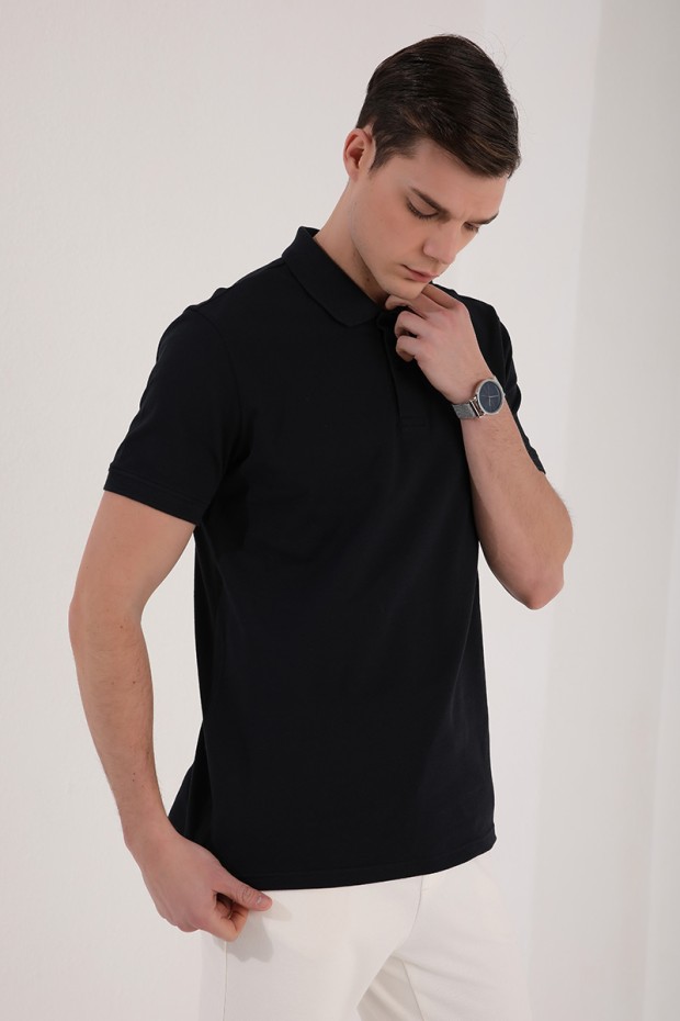 Lacivert Klasik Black Yazı Nakışlı Standart Kalıp Polo Yaka Erkek T-Shirt - 87760